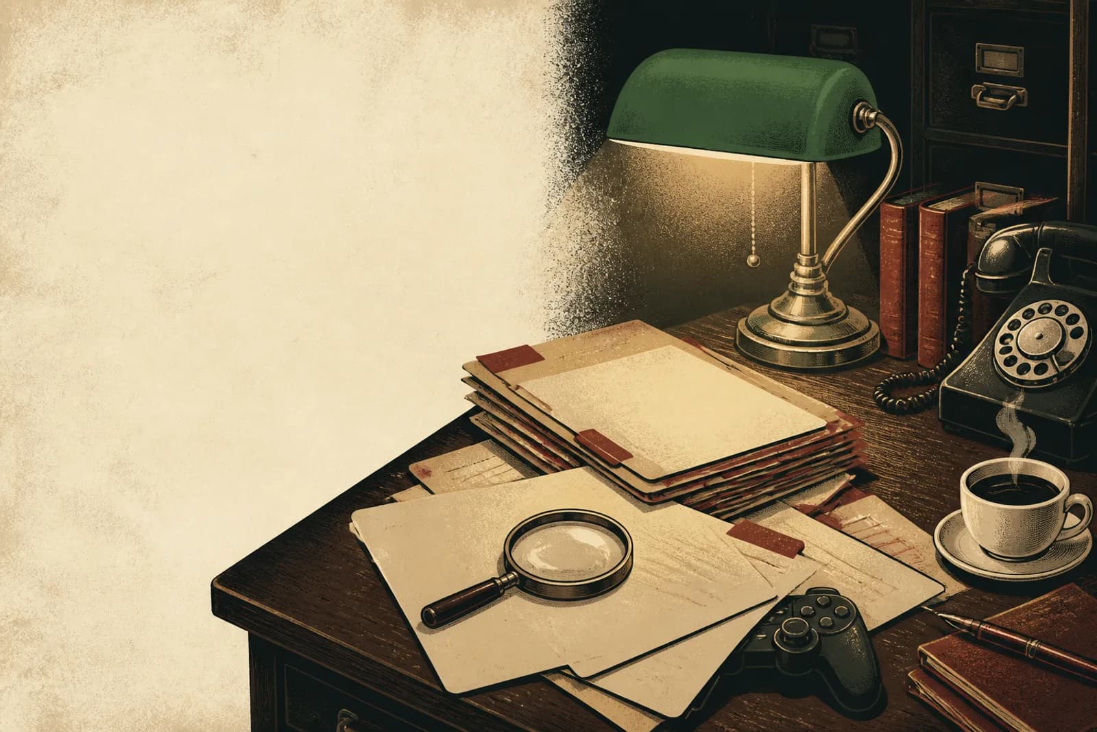A desk with a banker's lamp, stacked folders, a magnifying glass and a game controller.